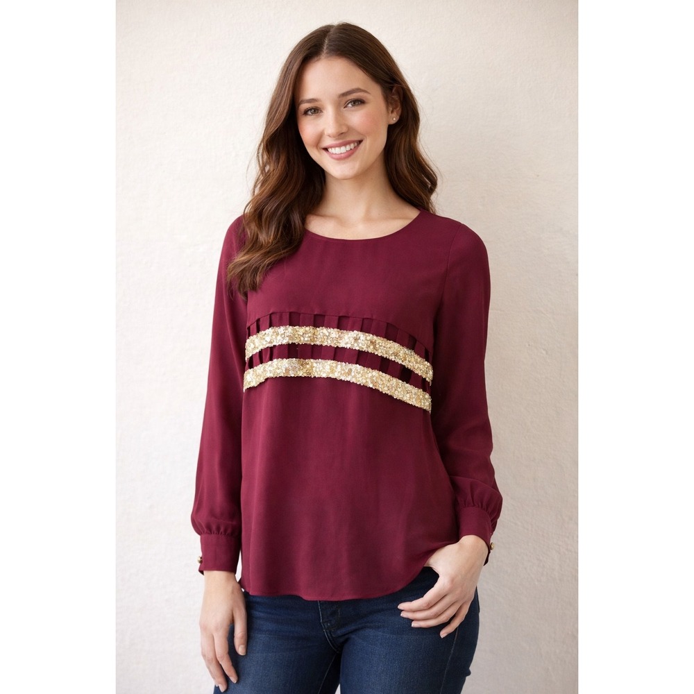 BuddyLove Womens Burgundy Gold Sequin Cutout Long Sleeve Blouse ENT0141 Size S‎